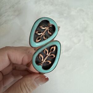 VTG 50s MCM Signed Matisse Renoir Copper Blue Enamel Pear Leaf Clamper Bracelet